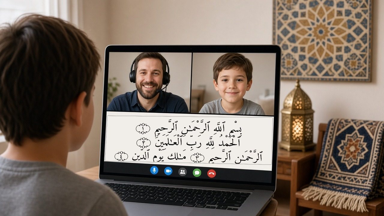 A student at home follows a live online Quran class on a laptop while the teacher shares a Quran page on screen
